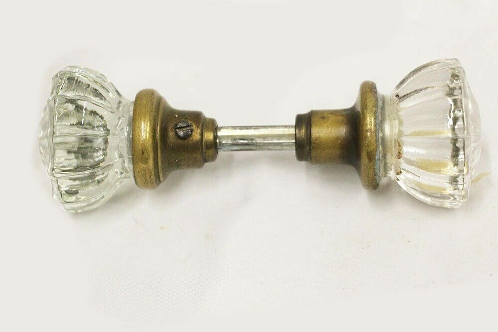 Antique 12 pt Glass Door Knob set w Fixed Brass Shanks Starburst Bullet Center