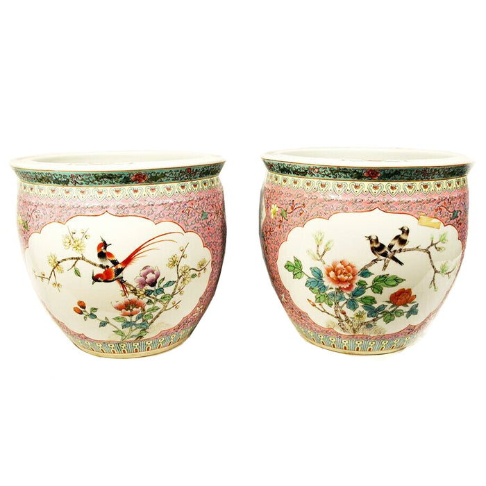 Pair of Chinese Macao Pottery Planters Pink Floral w Birds Intricate Design