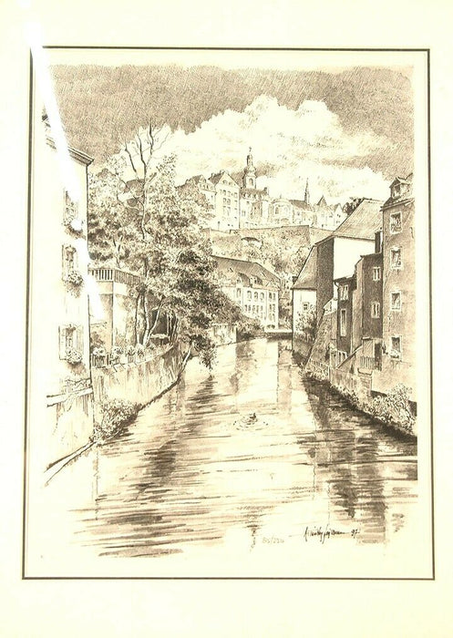 Canal Print Black White Drawing ed. 85/250 A. Timothy Gaussiran Framed Matted