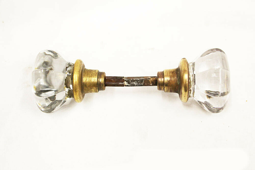 Antique Octagon Glass Door Knobs with Fixed Brass Shanks 2" Twisting Spindle