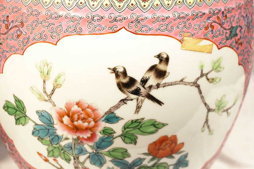 Pair of Chinese Macao Pottery Planters Pink Floral w Birds Intricate Design