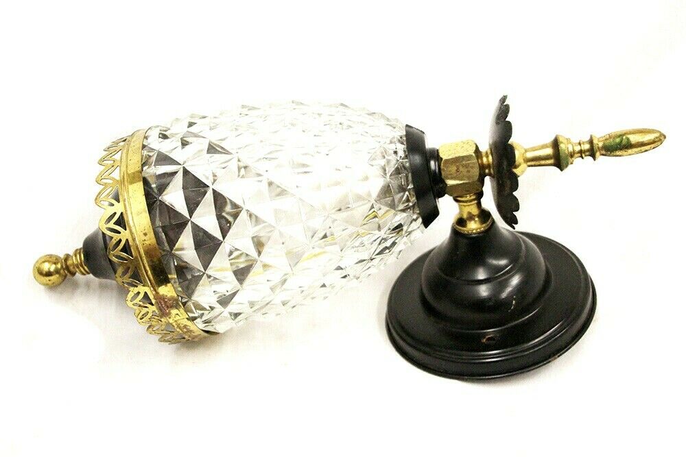 Antique Leader Lamp NY Lighting Wall Lantern Black Metal w Brass Cut Glass