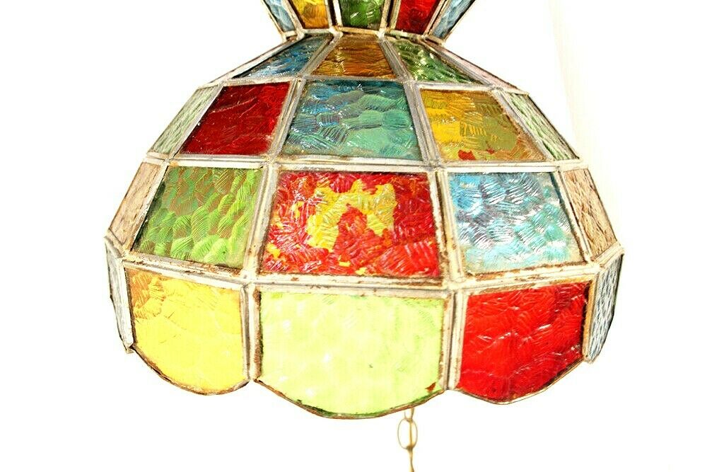 Vintage Mid Century "Stained Glass" Pendant Light Colored Swag Lighting Mexico